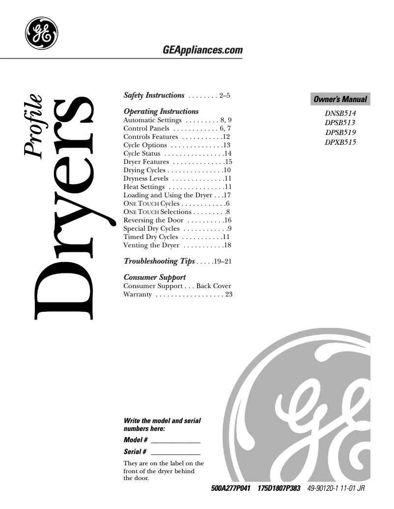 Page n°1 - Manuel d'utilisation et d'entretien GE Profile DPSB513EBWW