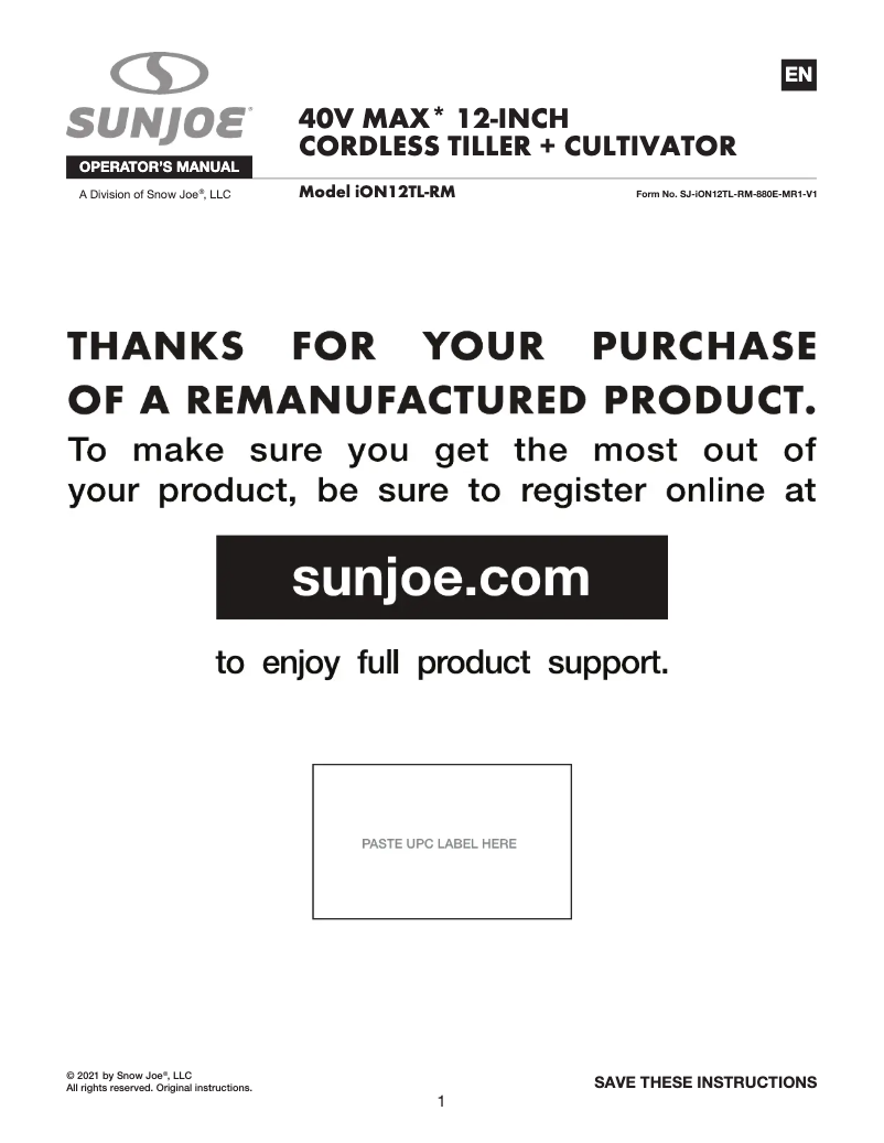 Page 1 de la notice Manuel utilisateur Sun Joe ION12TL-RM