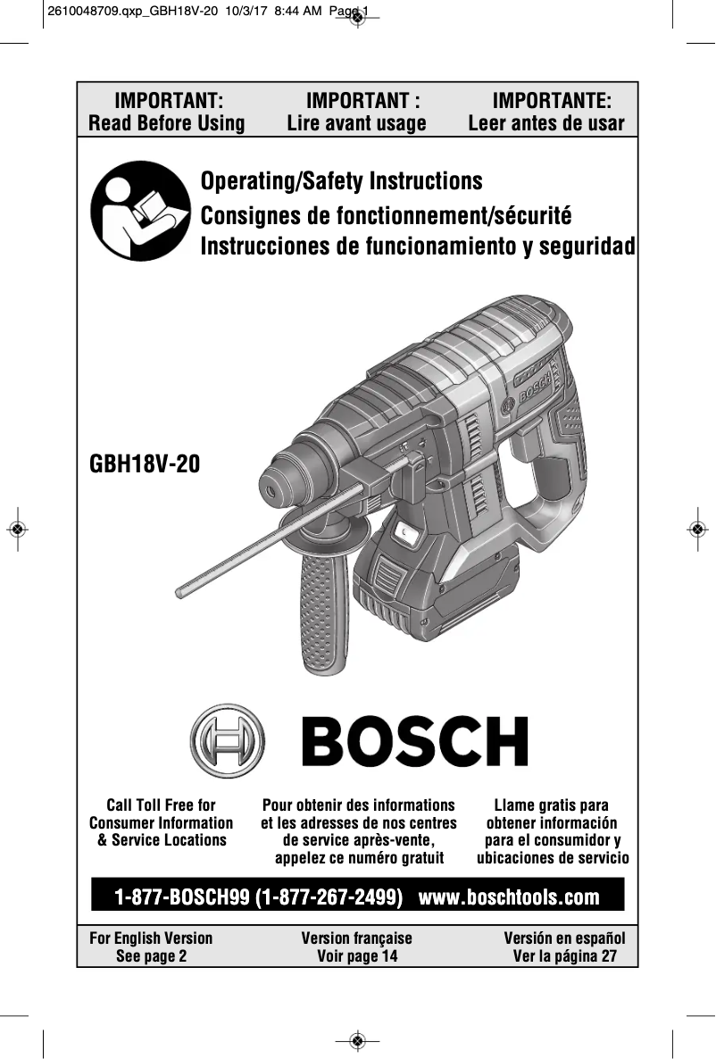 Page n°1 - Manuel utilisateur Bosch GBH18V-20N