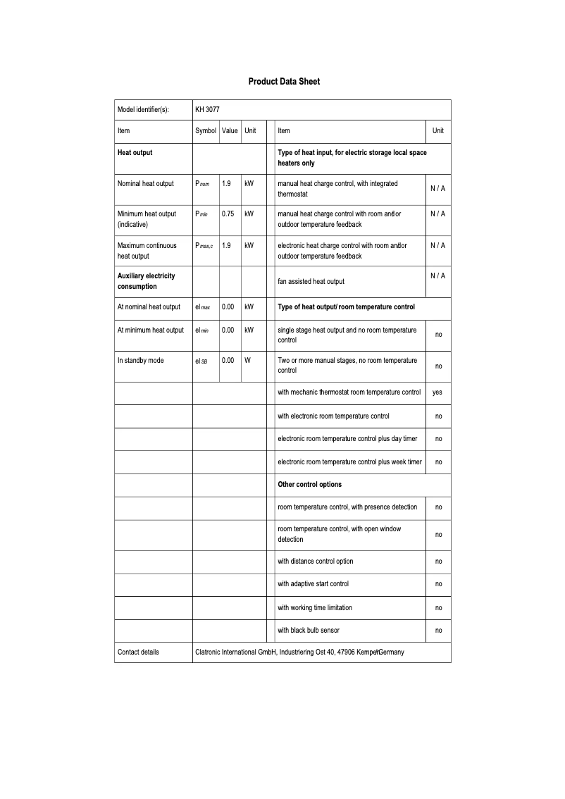 Page 1 de la notice Fiche technique Clatronic KH 3077 N