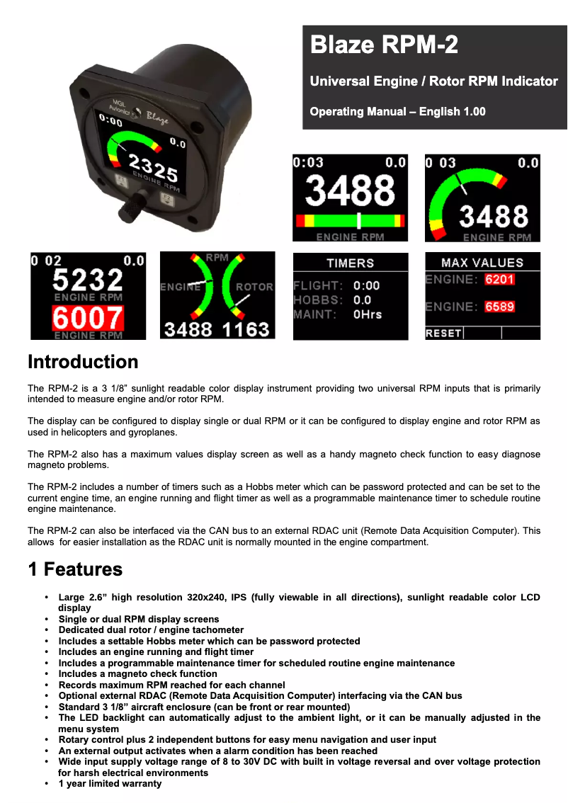 Page n°1 - Manuel utilisateur MGL Avionics RPM-2