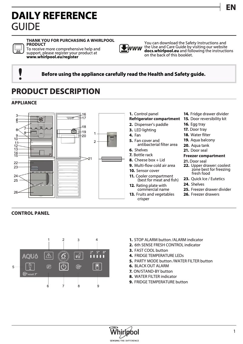 Page 1 de la notice Manuel utilisateur Whirlpool BSNF 8451 OX AQUA