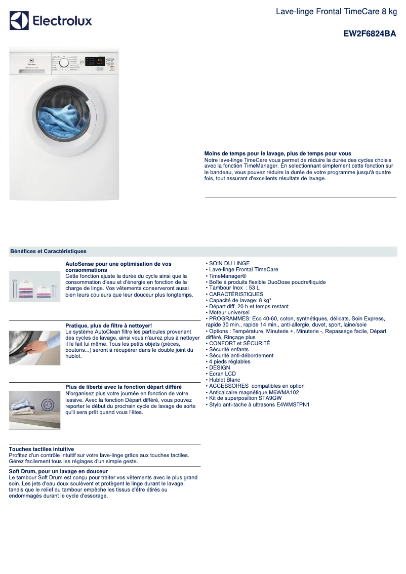 Page 1 de la notice Fiche technique Electrolux EW2F6824BA