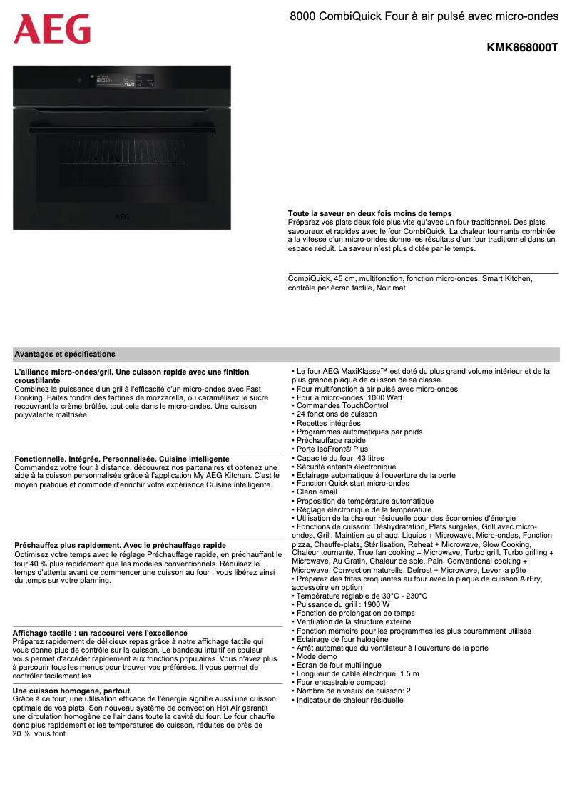 Page 1 de la notice Fiche technique AEG KMK868000T