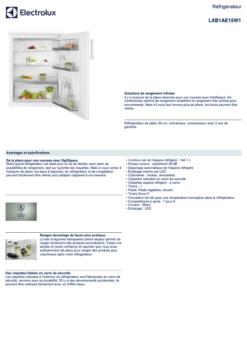 Page 1 de la notice Fiche technique Electrolux LXB1AE15W1