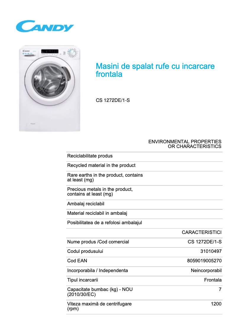 Page 1 de la notice Fiche technique Candy CS 1272DE/1-S