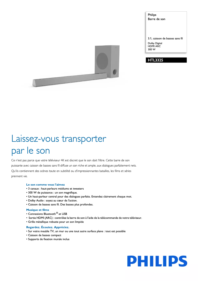 Page 1 de la notice Fiche technique Philips HTL3325