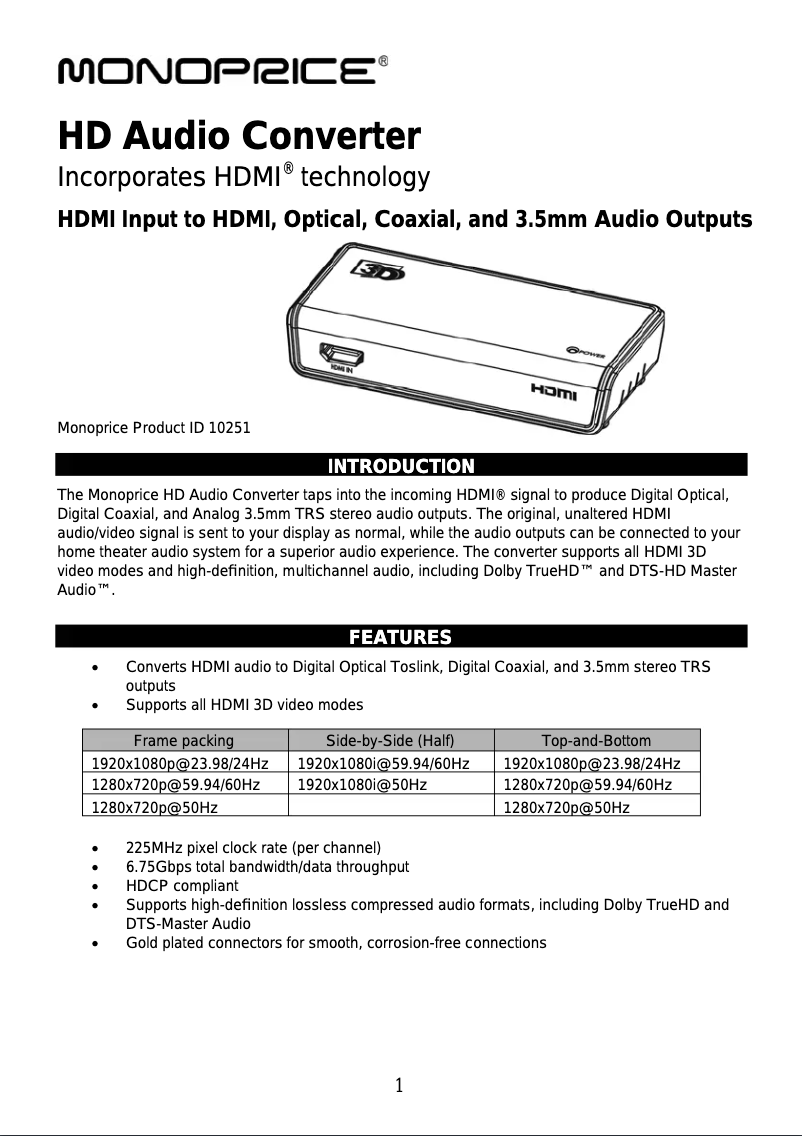 Page 1 de la notice Manuel utilisateur Monoprice HD Audio Converter 10251