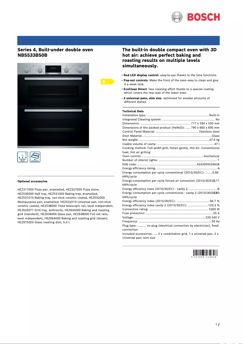 Page 1 de la notice Fiche technique Bosch NBS533BS0B