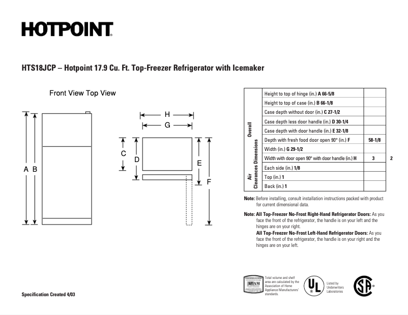 Page 1 de la notice Fiche technique Hotpoint HTS18JCPWW