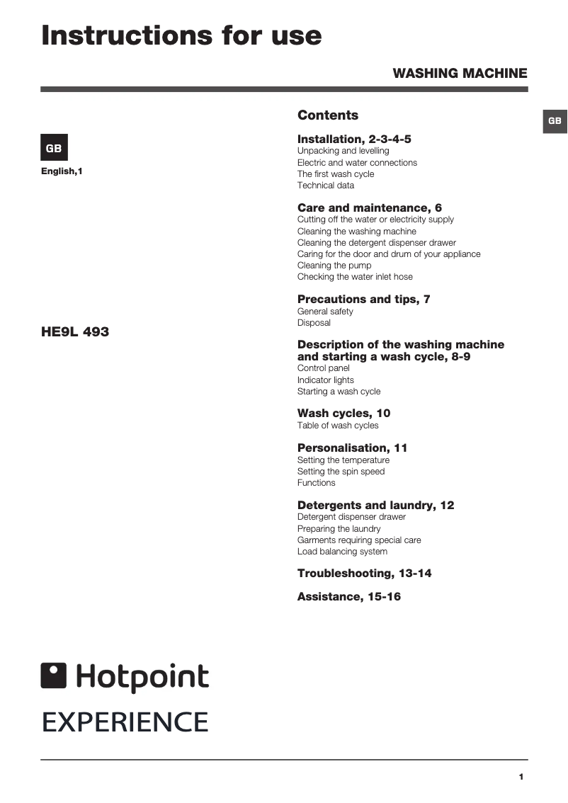 First page image of the manual for HE9L493 Experience