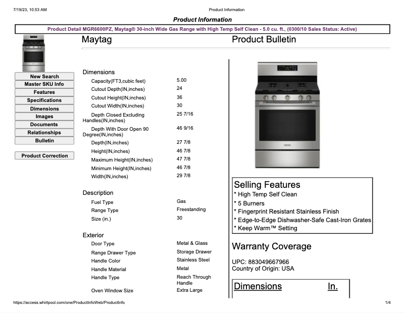 Page n°1 - Fiche technique Maytag MGR6600PZ