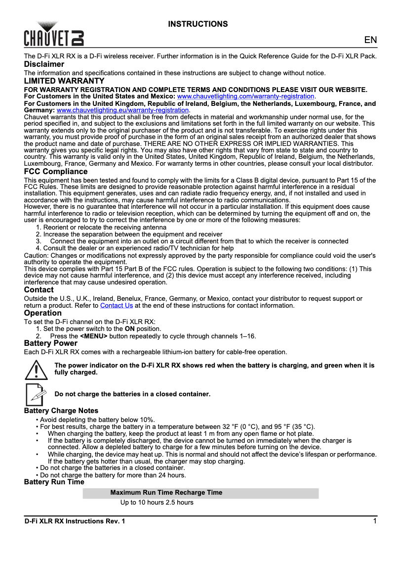 Page 1 de la notice Manuel utilisateur Chauvet D-Fi XLR RX