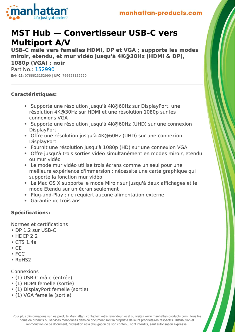 Page 1 de la notice Fiche technique Manhattan 152990