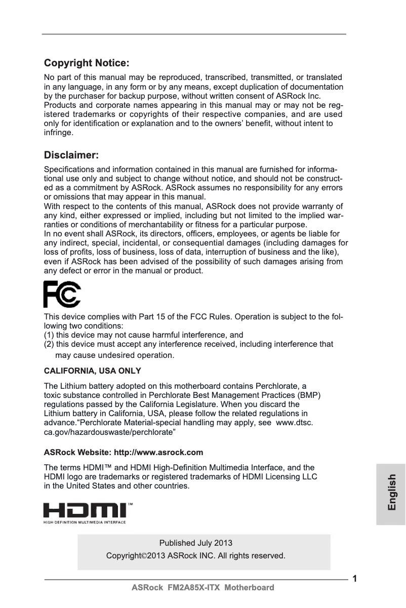 Page n°1 - Manuel utilisateur Asrock FM2A85X-ITX