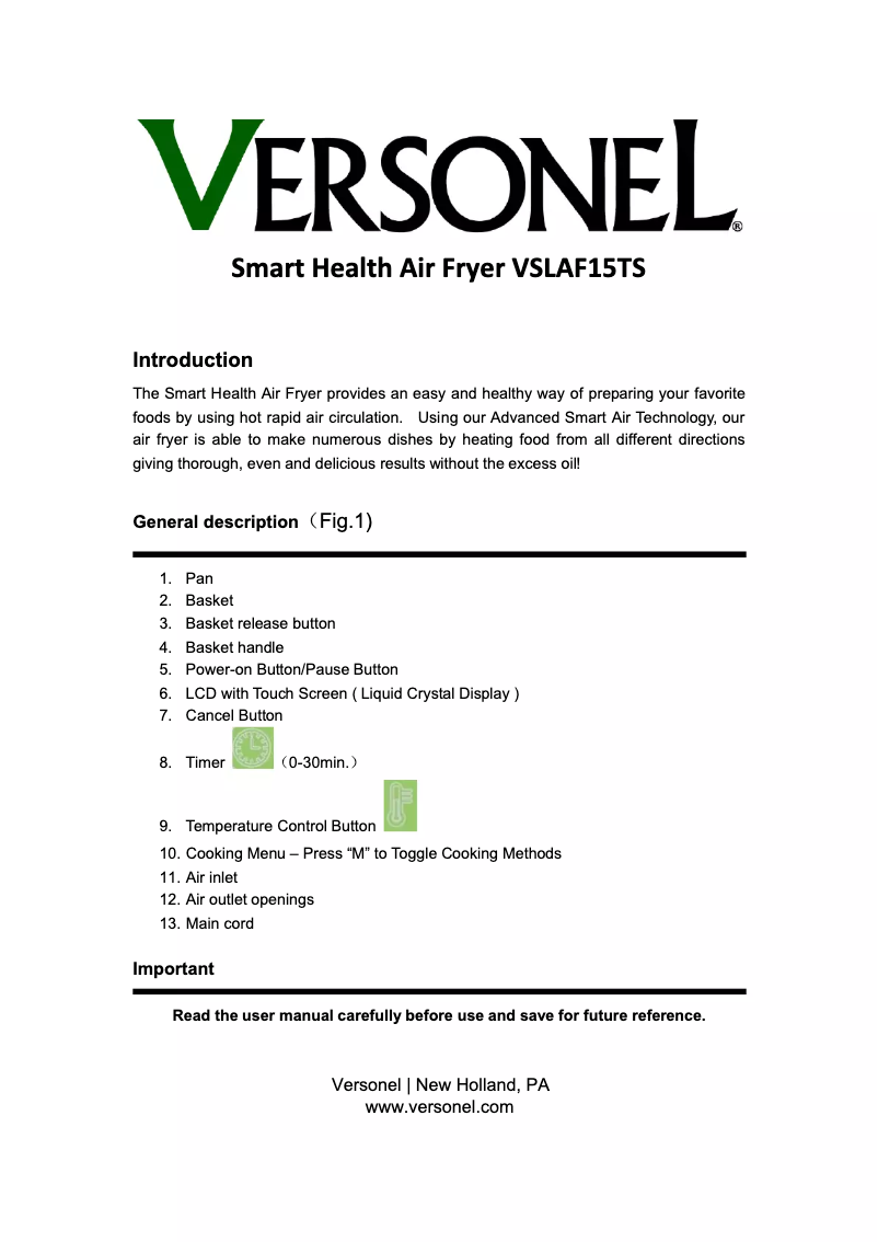 Page 1 de la notice Manuel utilisateur Versonel VSLAF15TS