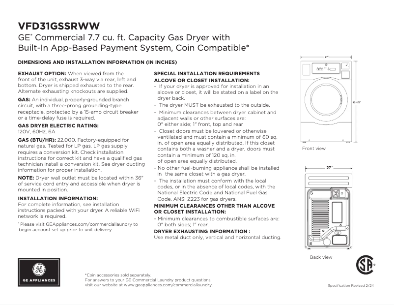 Page 1 de la notice Fiche technique GE VFD31GSSRWW