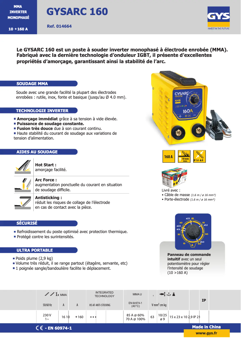 Page 1 de la notice Fiche technique GYS Gysarc 160