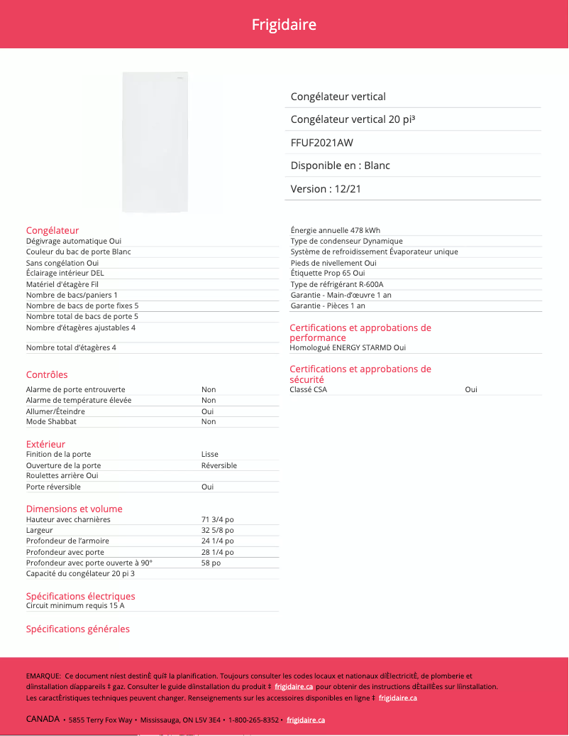 Page n°1 - Fiche technique Frigidaire FFUF2021AW
