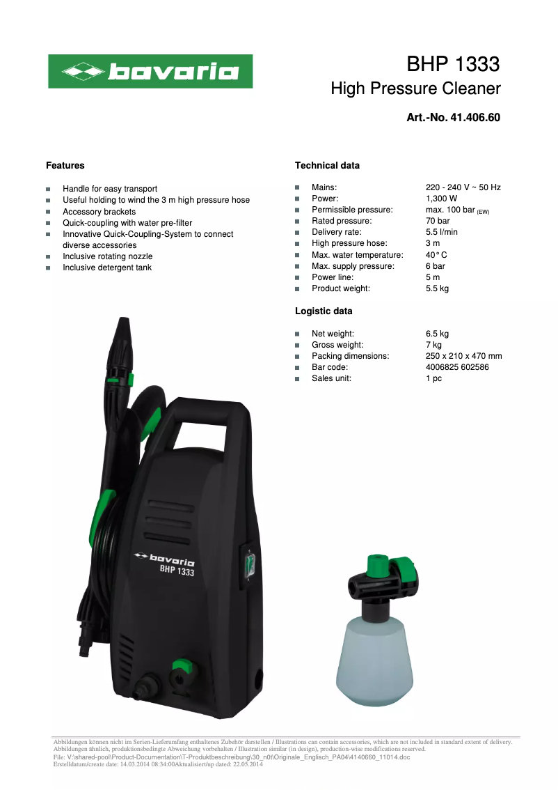 Página 1 del manual Ficha técnica Bavaria BHP 1333