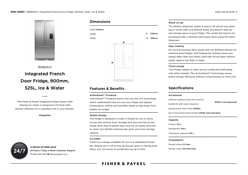 Page 1 de la notice Fiche technique Fisher & Paykel RS90AU1