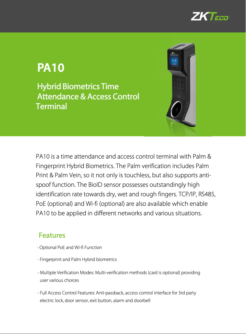 Page 1 de la notice Fiche technique ZKTeco PA10