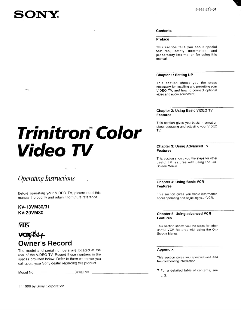 Page 1 de la notice Manuel utilisateur Sony KV-13VM31