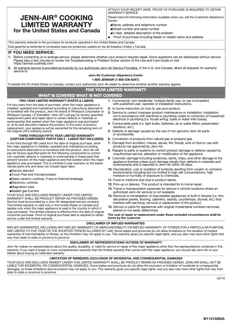 Page n°1 - Informations de garantie JennAir JJW3830IL