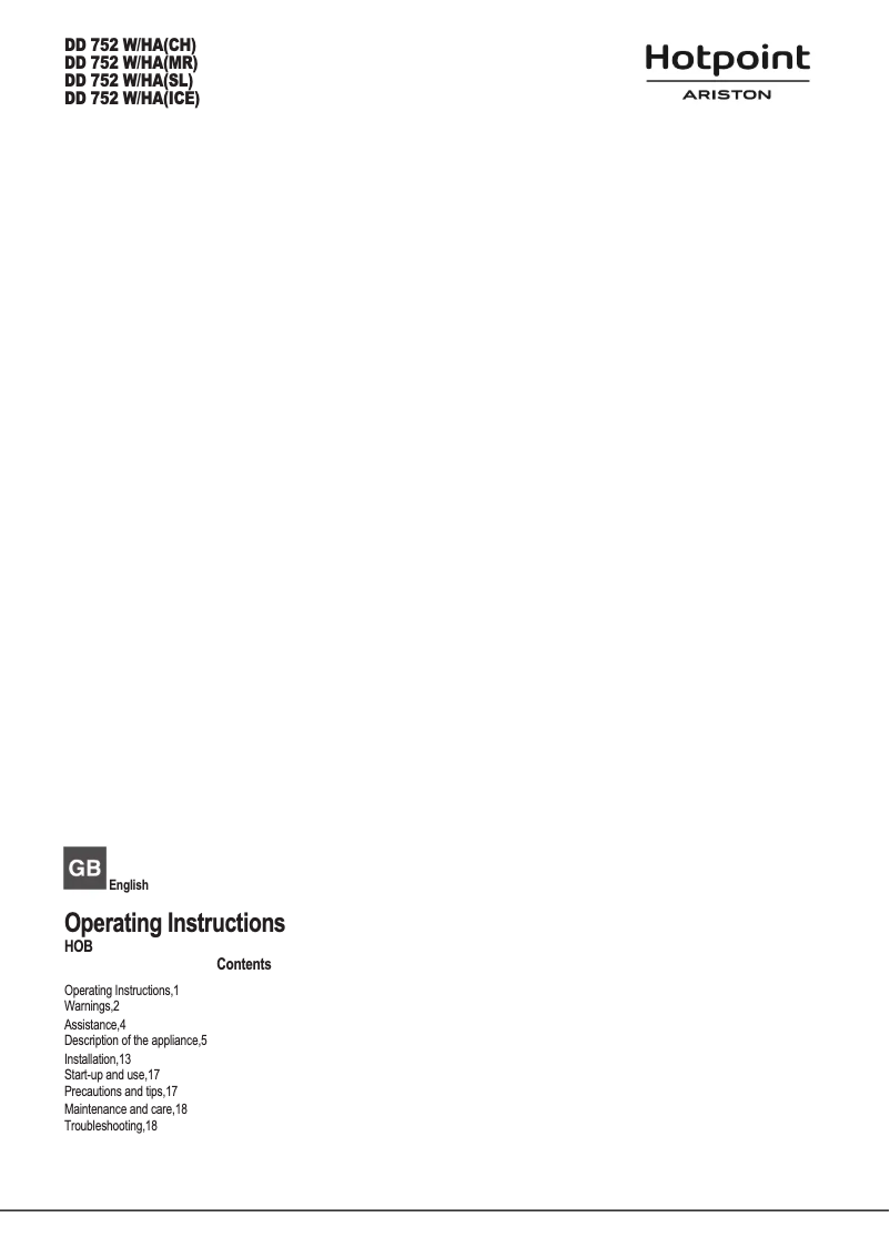 Page 1 de la notice Manuel utilisateur Hotpoint Ariston DD 752 W/HA(CH)