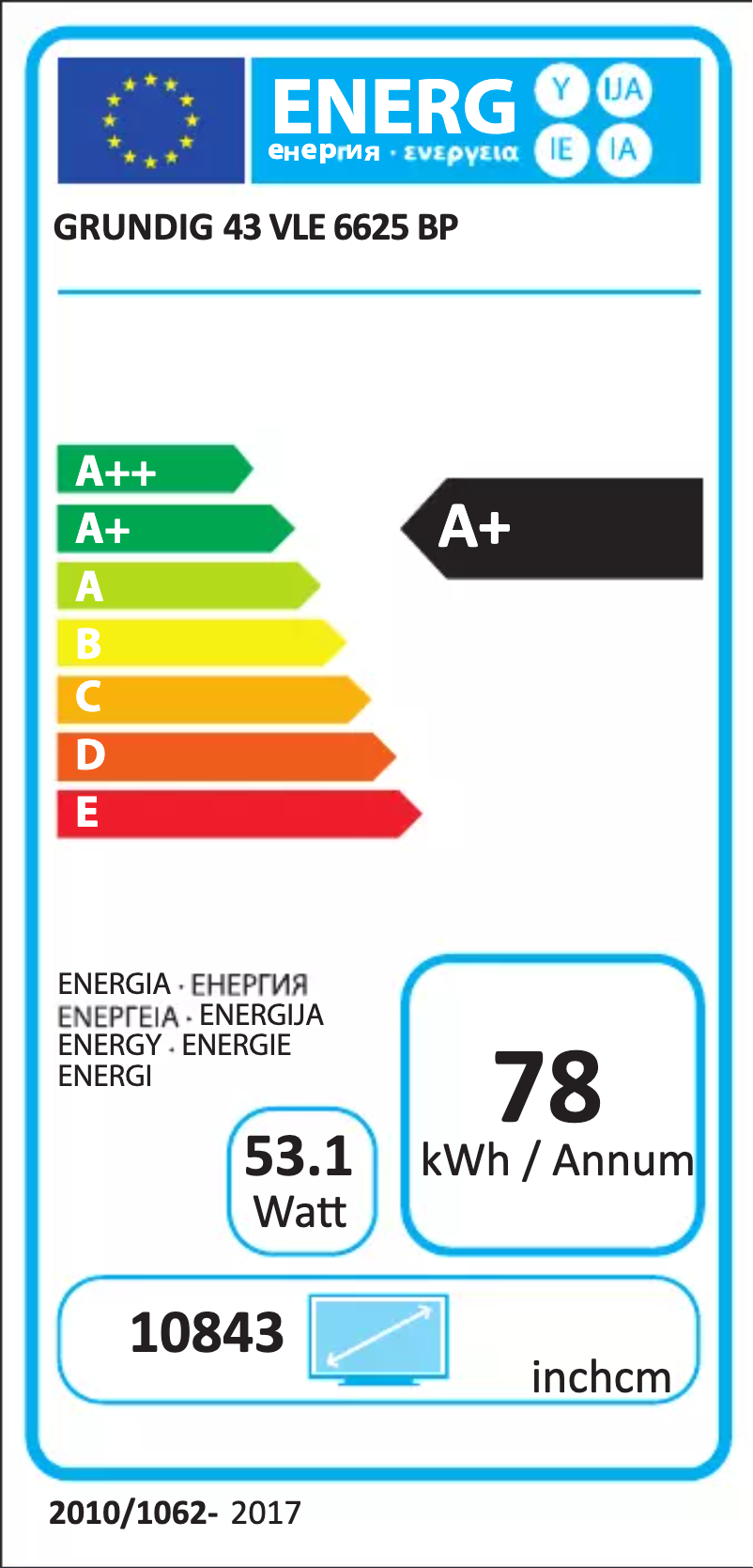 Page n°1 - Label énergétique Grundig 43 VLE 6625 BP