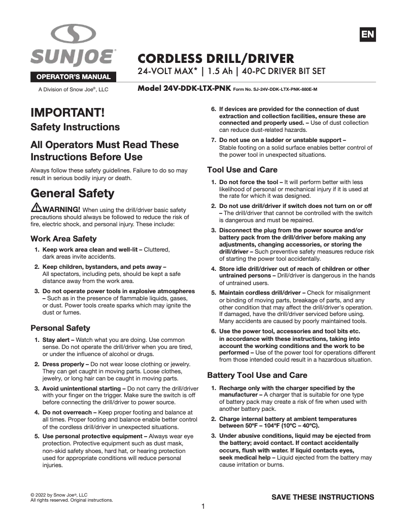 Página 1 del manual Manual de usuario Sun Joe 24V-DDK-LTX-PNK