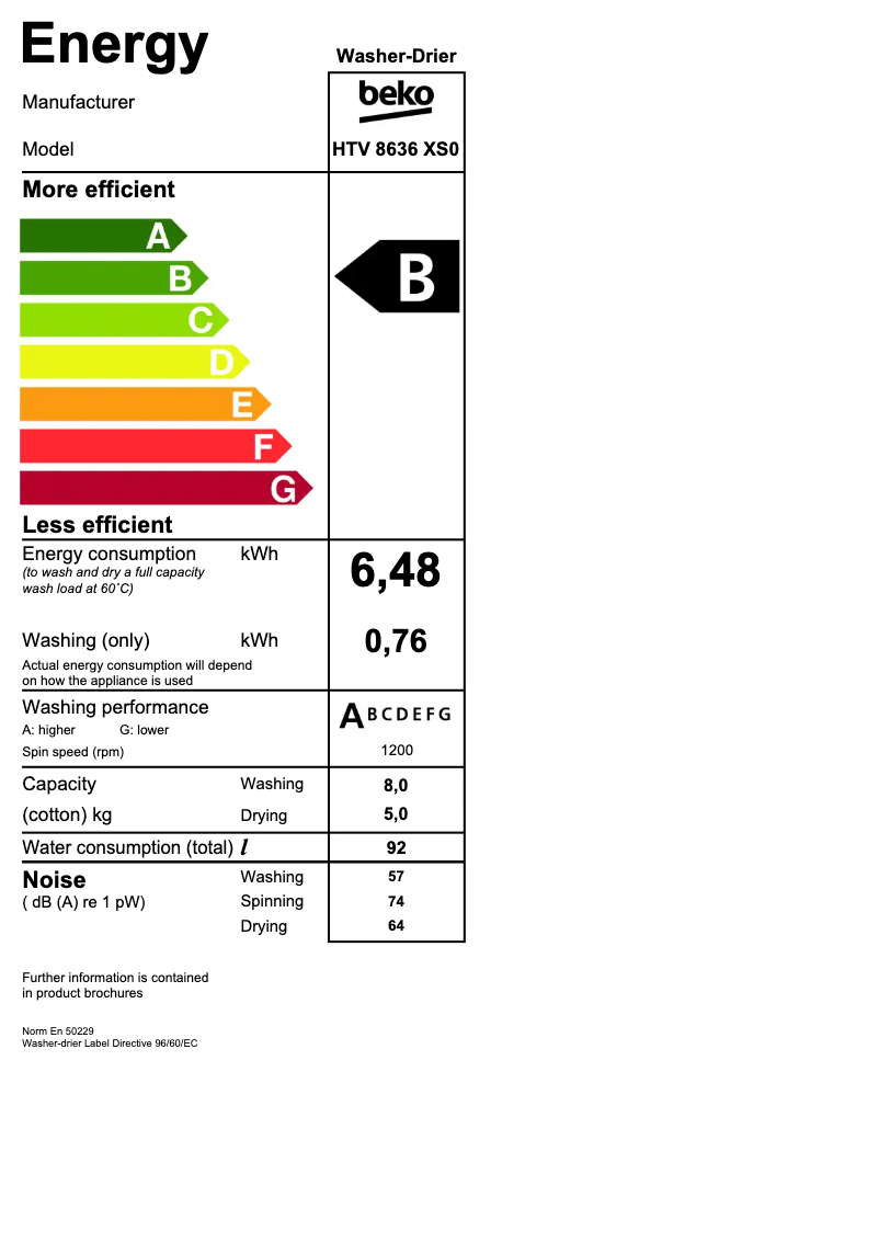 Page 1 de la notice Label énergétique Beko HTV 8636 XS0