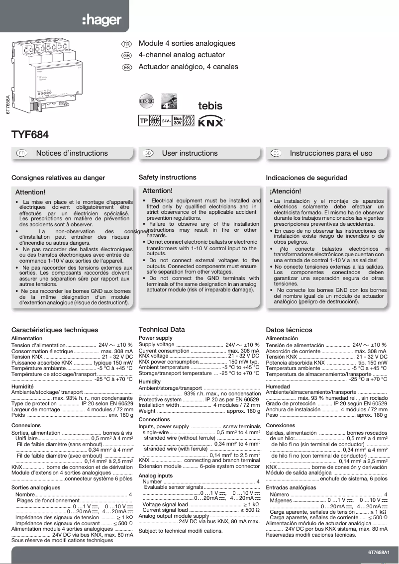 Page 1 of the manual User Manual Hager TYF684