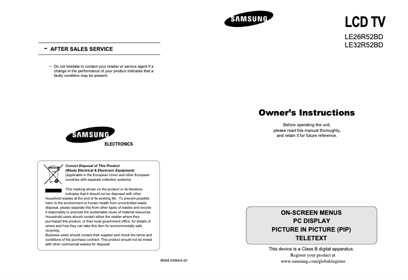 Page 1 de la notice Manuel utilisateur Samsung LE32R52BD