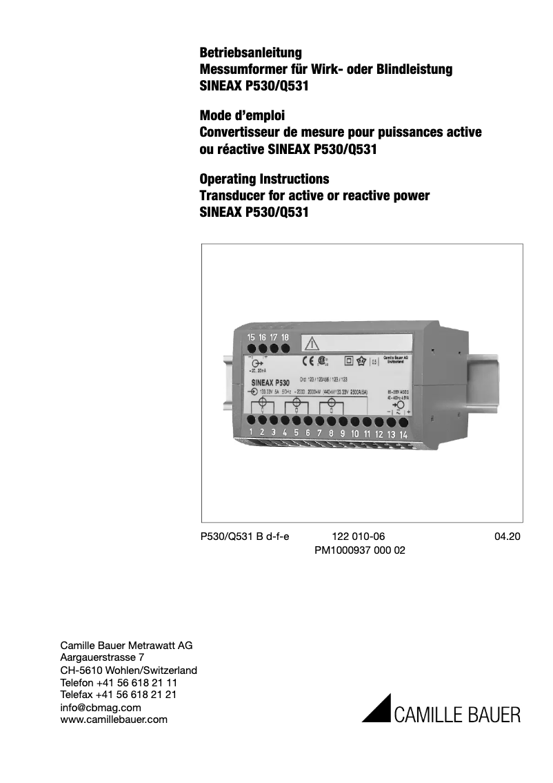 Page n°1 - Manuel utilisateur Camille Bauer SINEAX P530