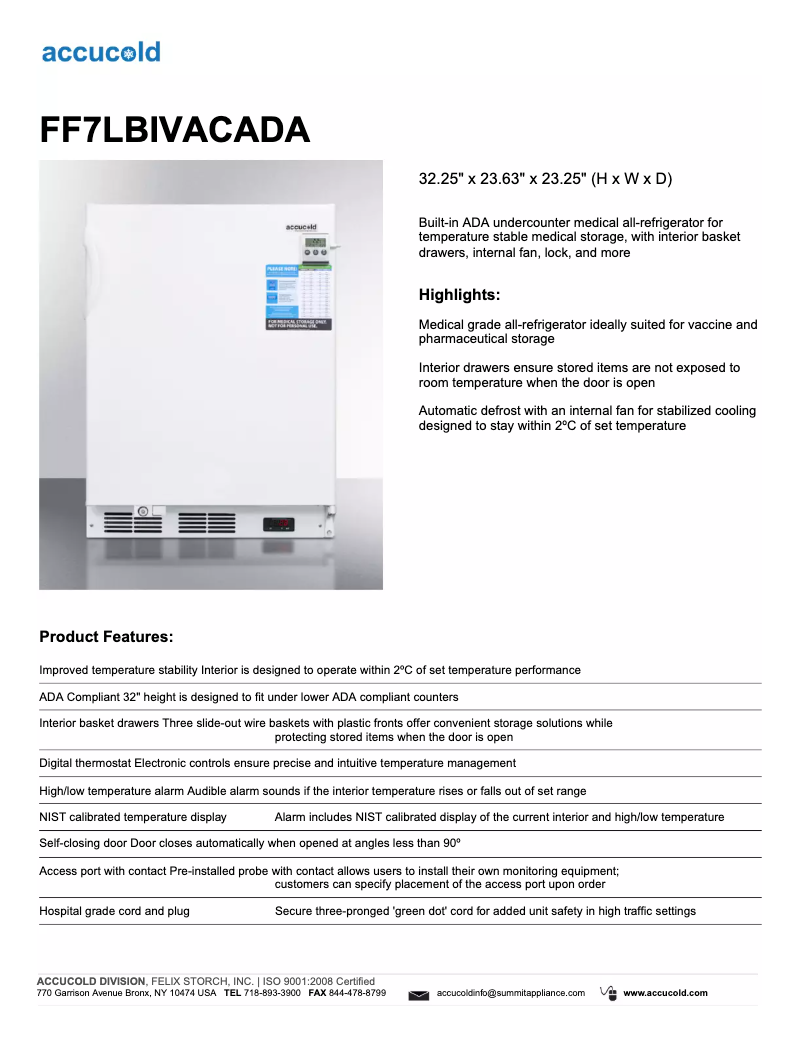 Page 1 de la notice Fiche technique Summit Accucold FF7LBIVACADA
