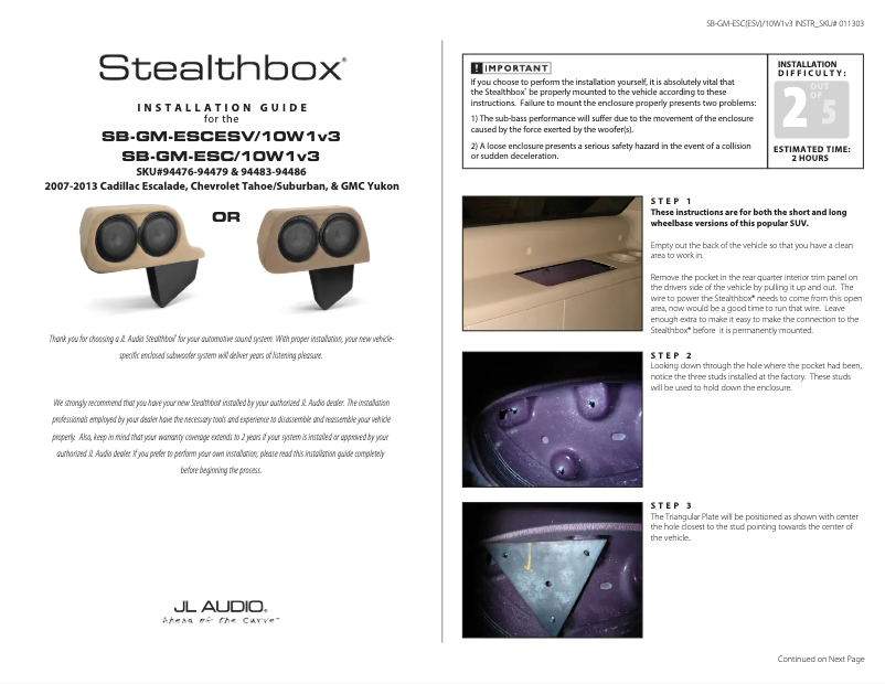 Page n°1 - Manuel utilisateur JL Audio Stealthbox SB-GM-ESCESV/10W1v3/DG