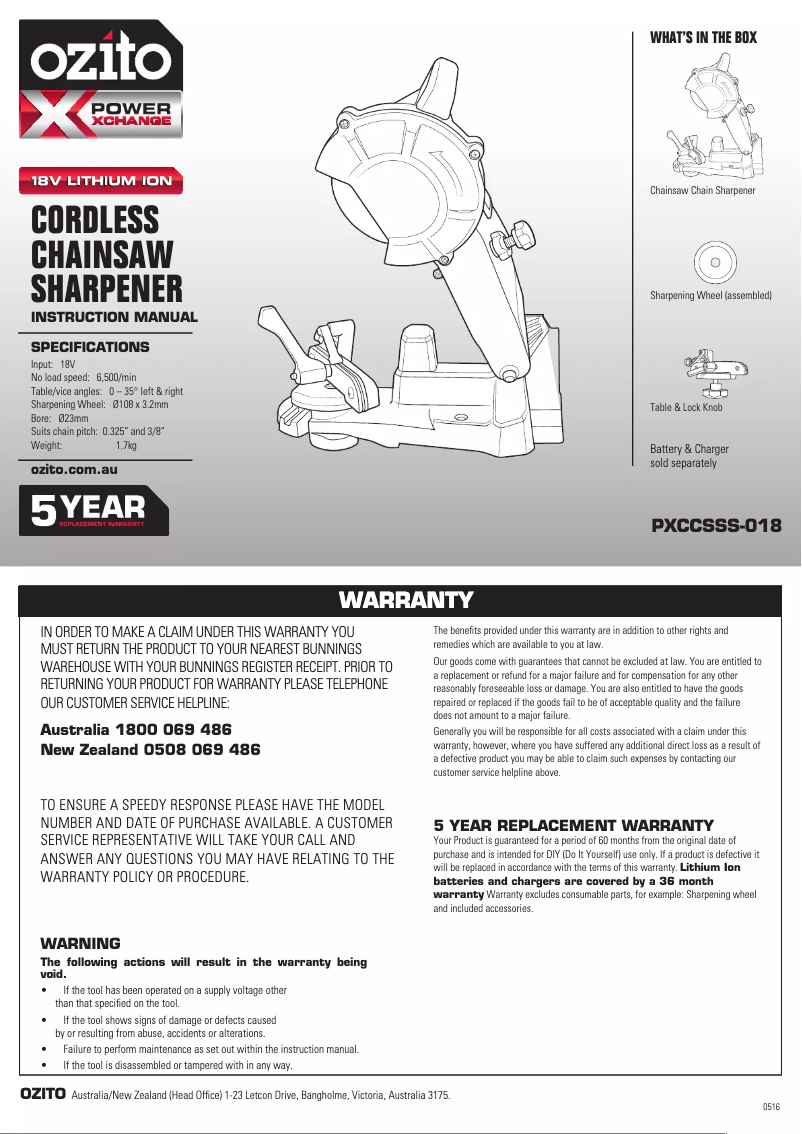 Page 1 de la notice Manuel utilisateur Ozito PXCCSSS-018