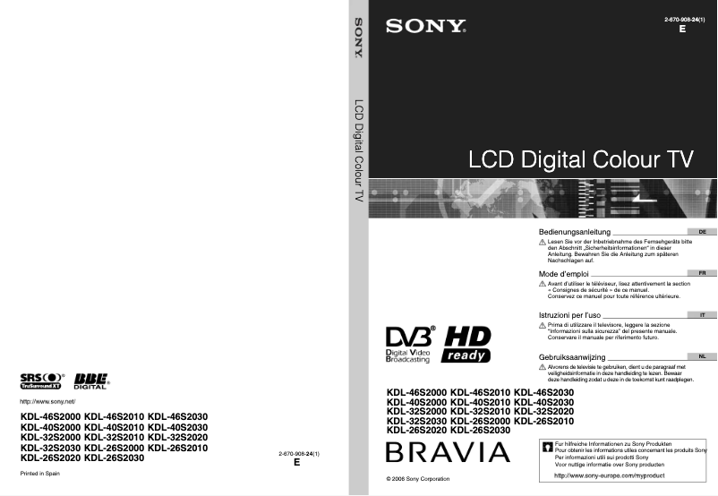 Page 1 de la notice Manuel utilisateur Sony Bravia KDL-46S2030