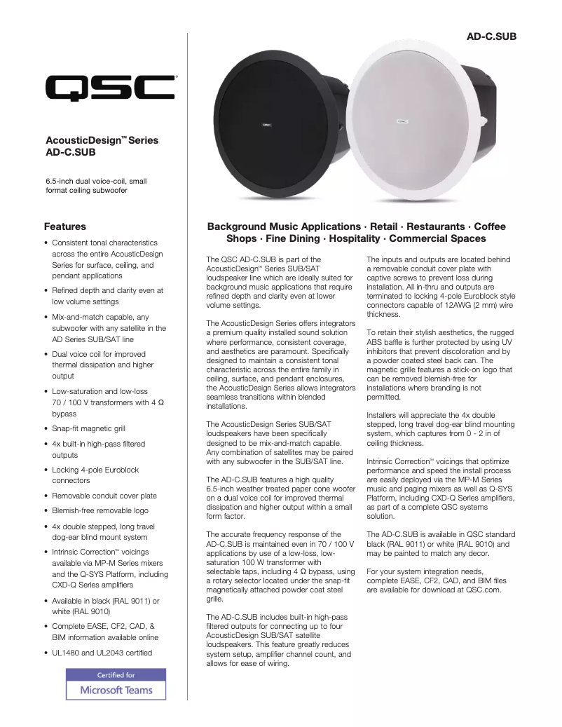 Page 1 de la notice Fiche technique QSC AD-C.SUB