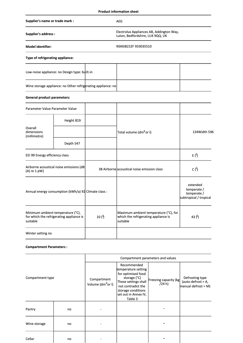 Page n°1 - Fiche technique AEG NSK6I821EF
