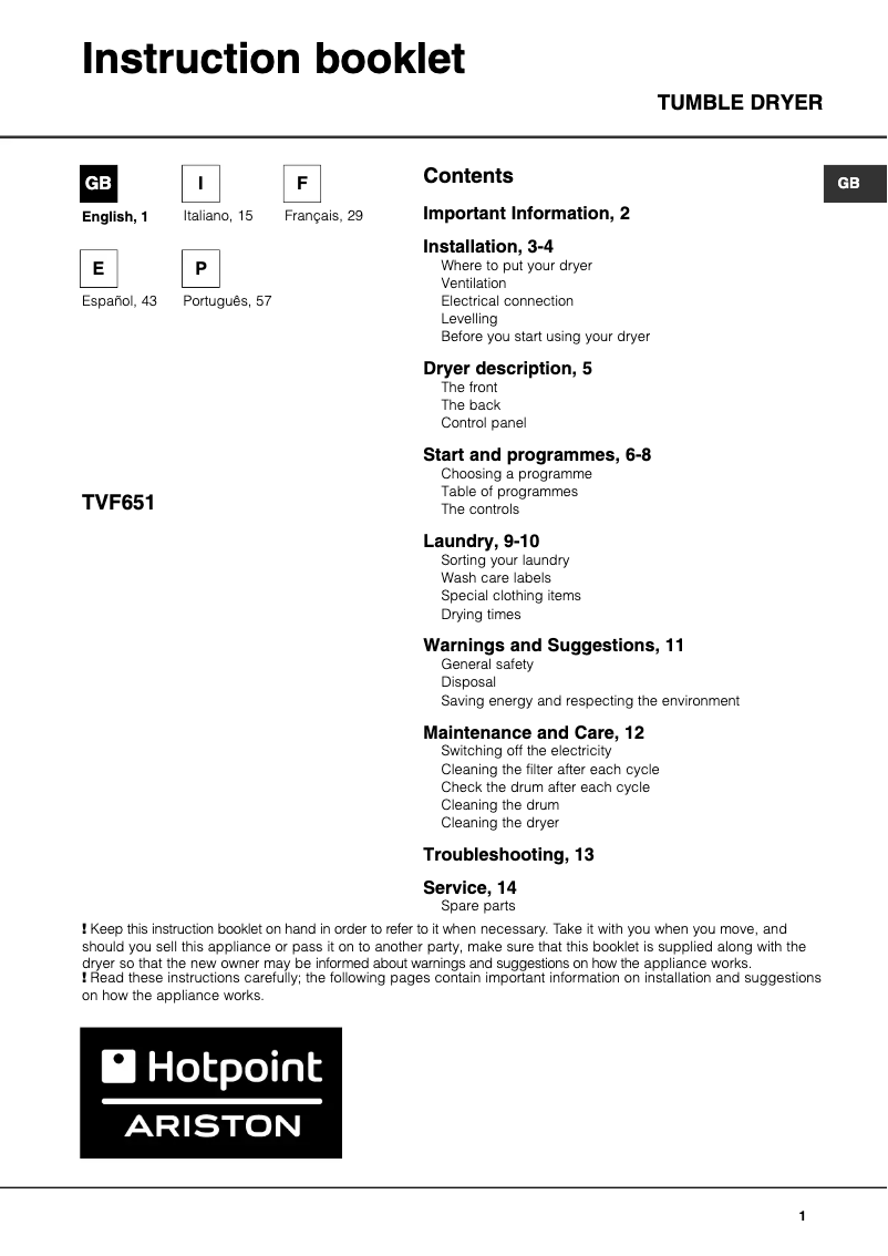 Page 1 de la notice Manuel utilisateur Hotpoint Ariston TVF651
