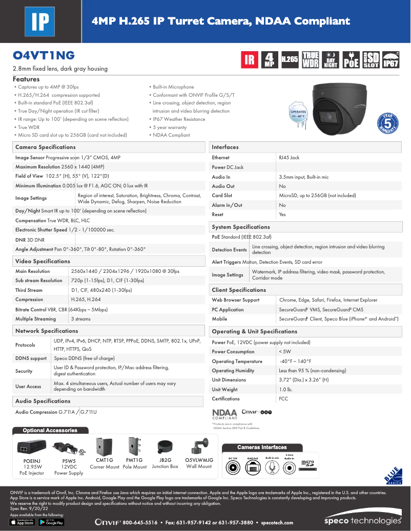 Page n°1 - Fiche technique Speco Technologies O4VT1NG
