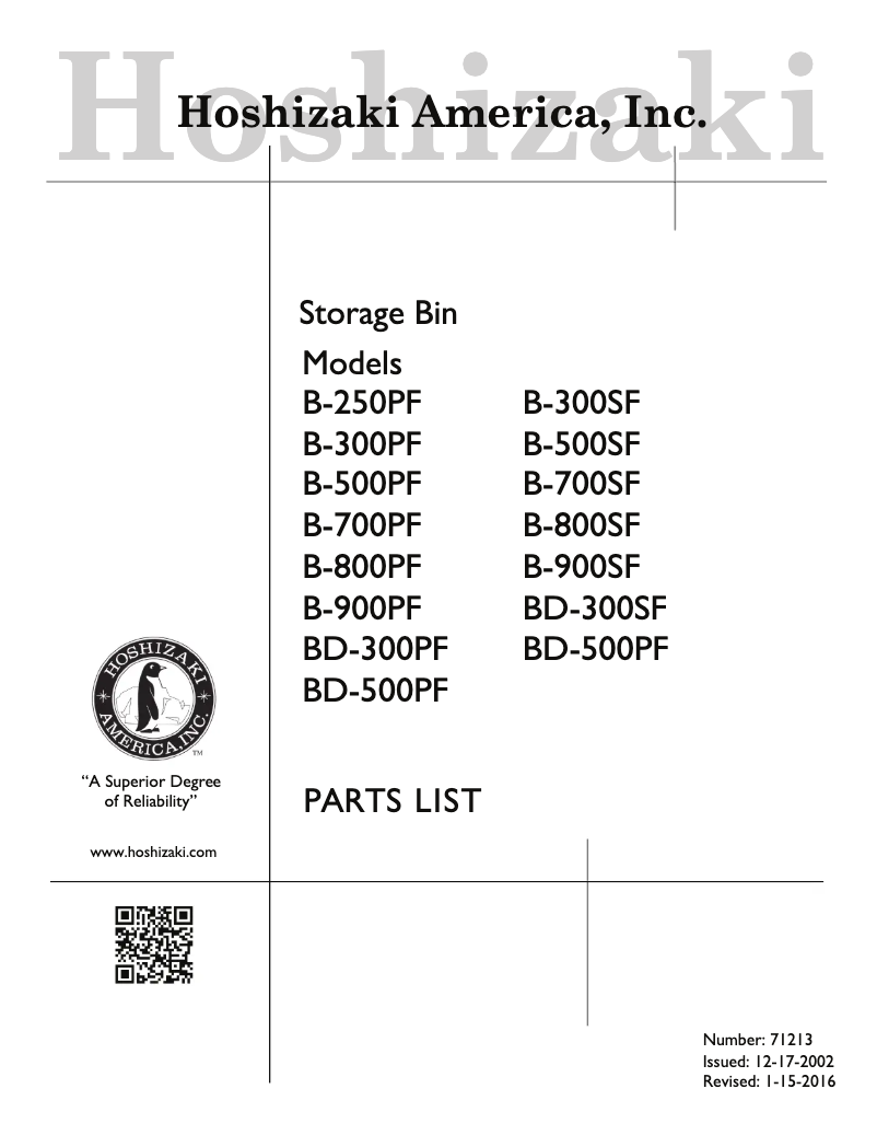 Page 1 de la notice Manuel d'utilisation et d'entretien Hoshizaki BD-500PF