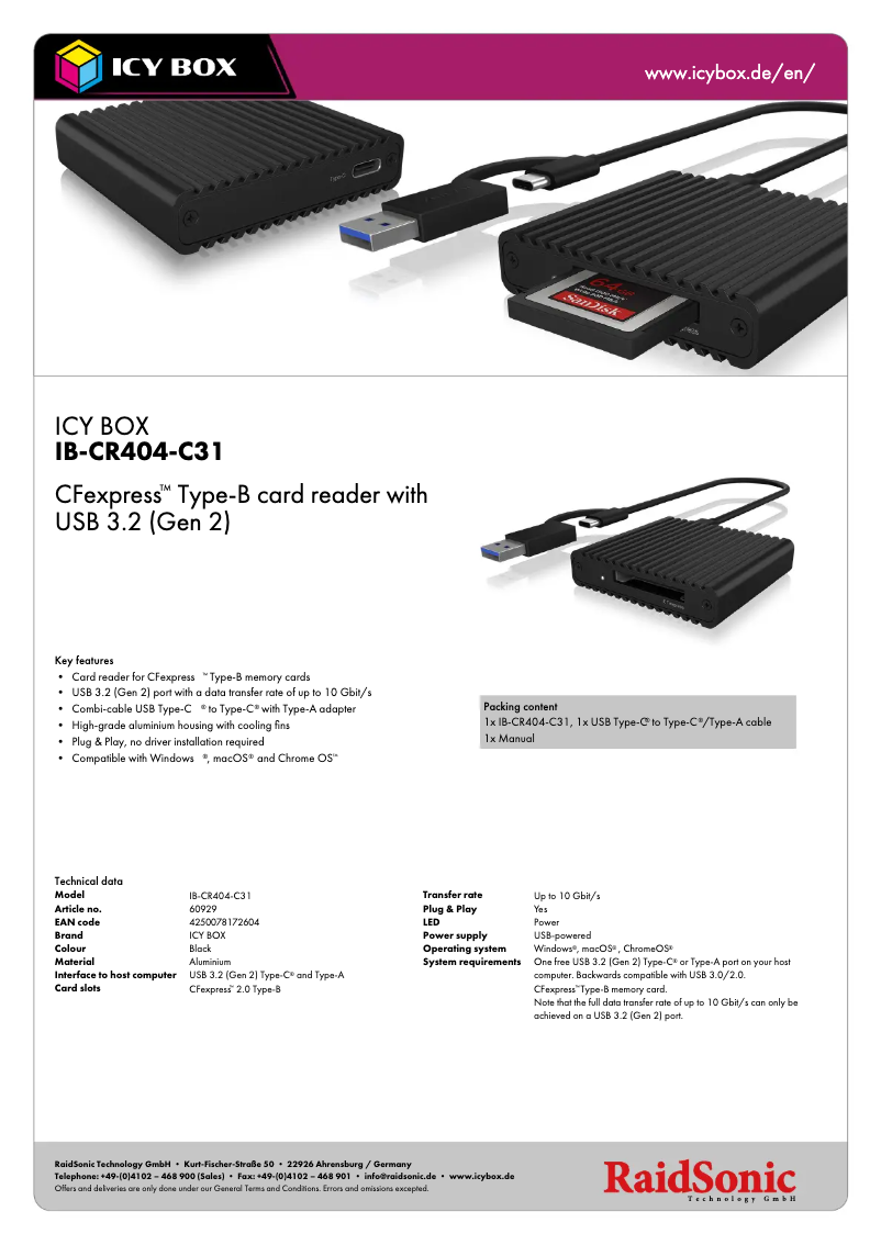 Page 1 de la notice Fiche technique Icy Box IB-CR404-C31