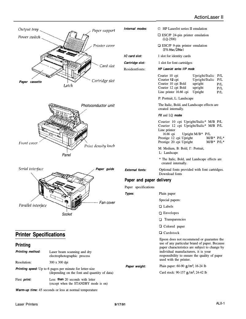 Page 1 de la notice Fiche technique Epson ActionLaser II