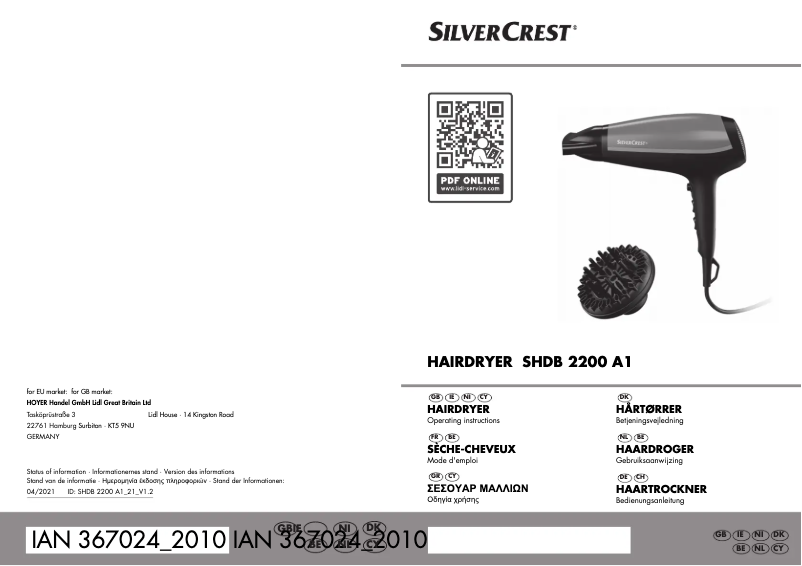 Page n°1 - Manuel utilisateur SilverCrest SHDB 2200 A1