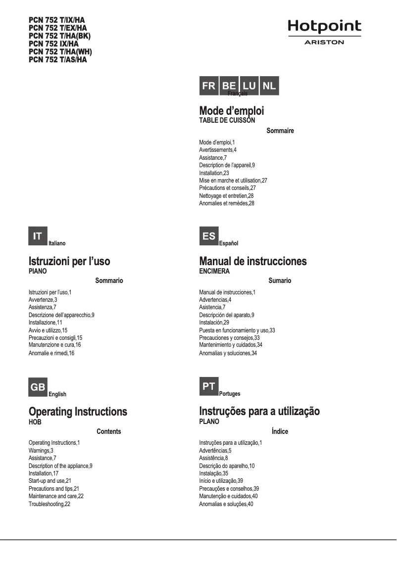 Page 1 de la notice Manuel utilisateur Hotpoint Ariston PCN 752 U/IX/HA