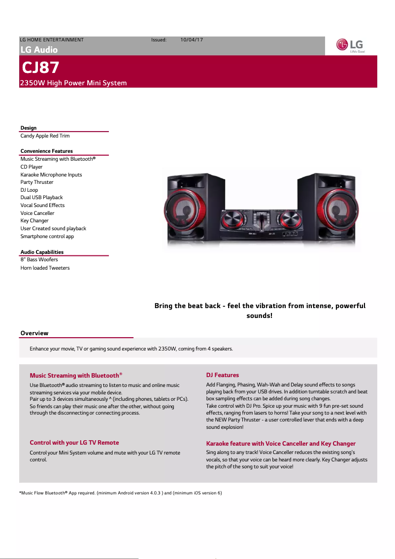 Page 1 de la notice Fiche technique LG CJ87