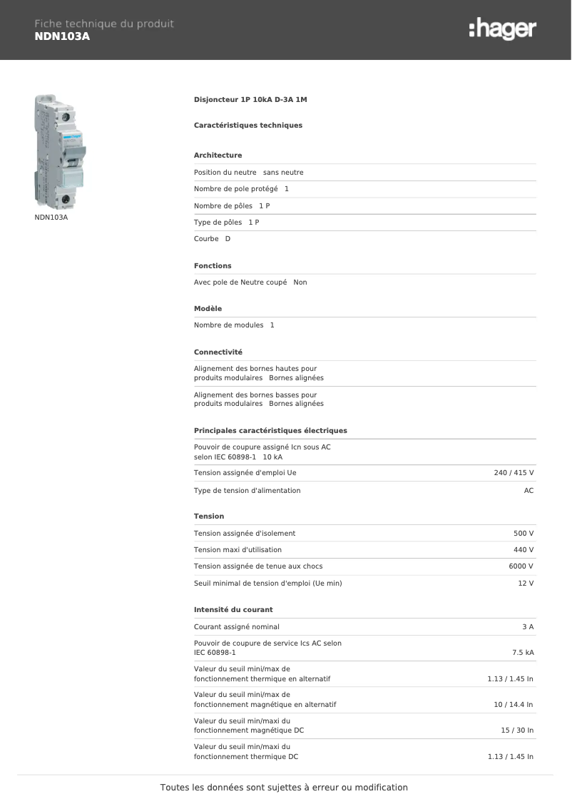 Page 1 de la notice Manuel utilisateur Hager NDN103A